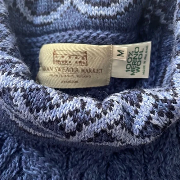 Aran Sweater Market Blue Marl Size M Jacquard 100% Merino  Wool Ireland Rollneck - Picture 2 of 6